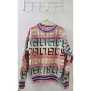 IMMODEL Womens Geometric Textured Knit Sweater Pink Blue SW-9689 Size M NWT